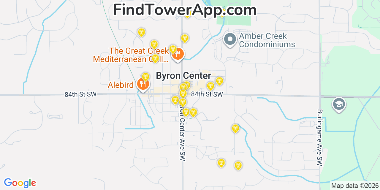 Map showing the 20 primary cell tower locations detected in Byron Center, Michigan from AT&T, Verizon, and T-Mobile networks