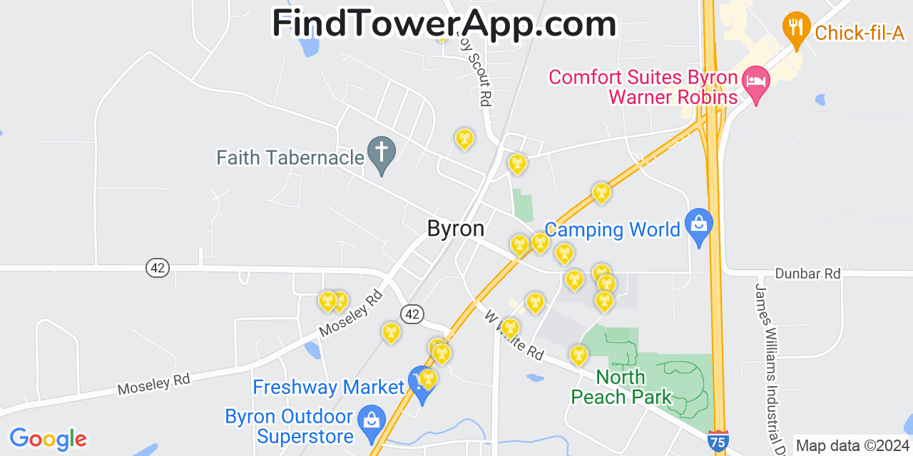 AT&T 4G/5G cell tower coverage map Byron, Georgia