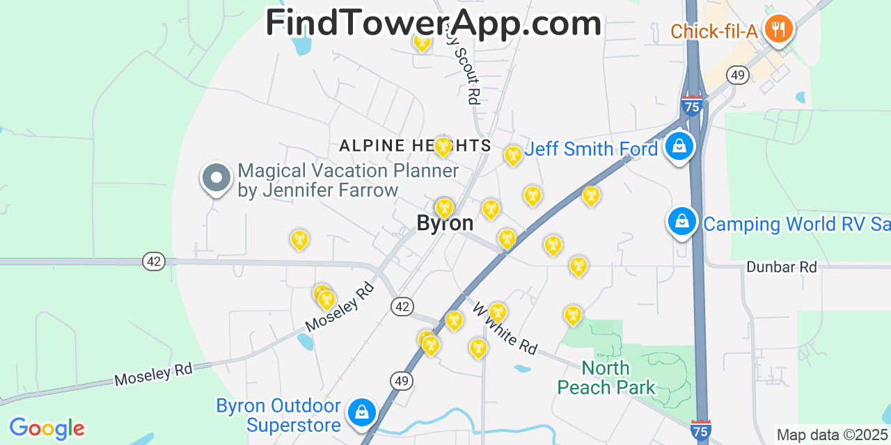 Map showing the 20 primary cell tower locations detected in Byron, Georgia from AT&T, Verizon, and T-Mobile networks