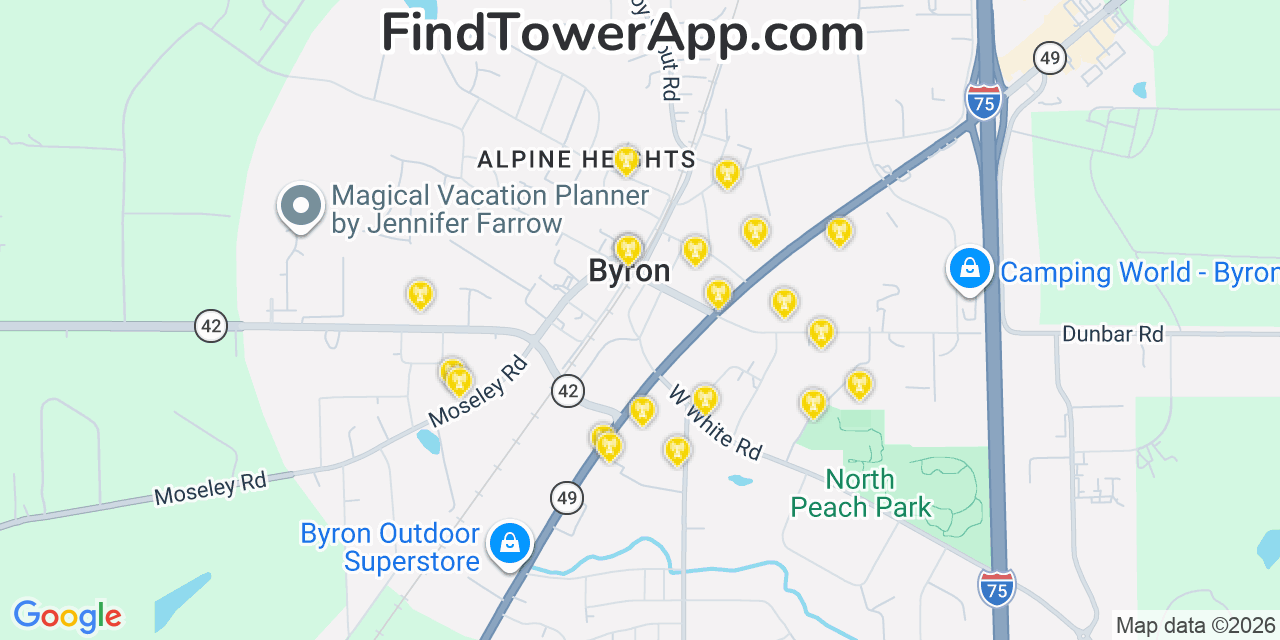 Map showing the 20 primary cell tower locations detected in Byron, Georgia from AT&T, Verizon, and T-Mobile networks