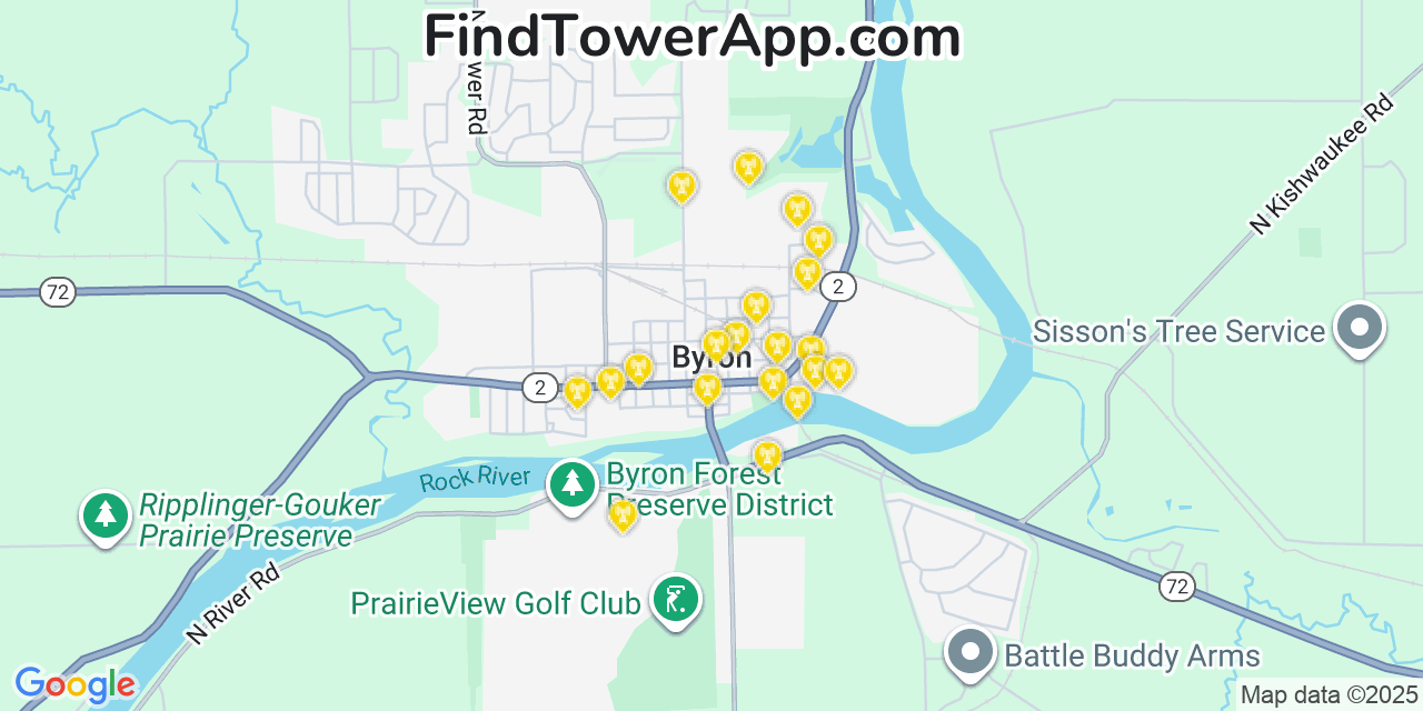 Map showing the 20 primary cell tower locations detected in Byron, Illinois from AT&T, Verizon, and T-Mobile networks