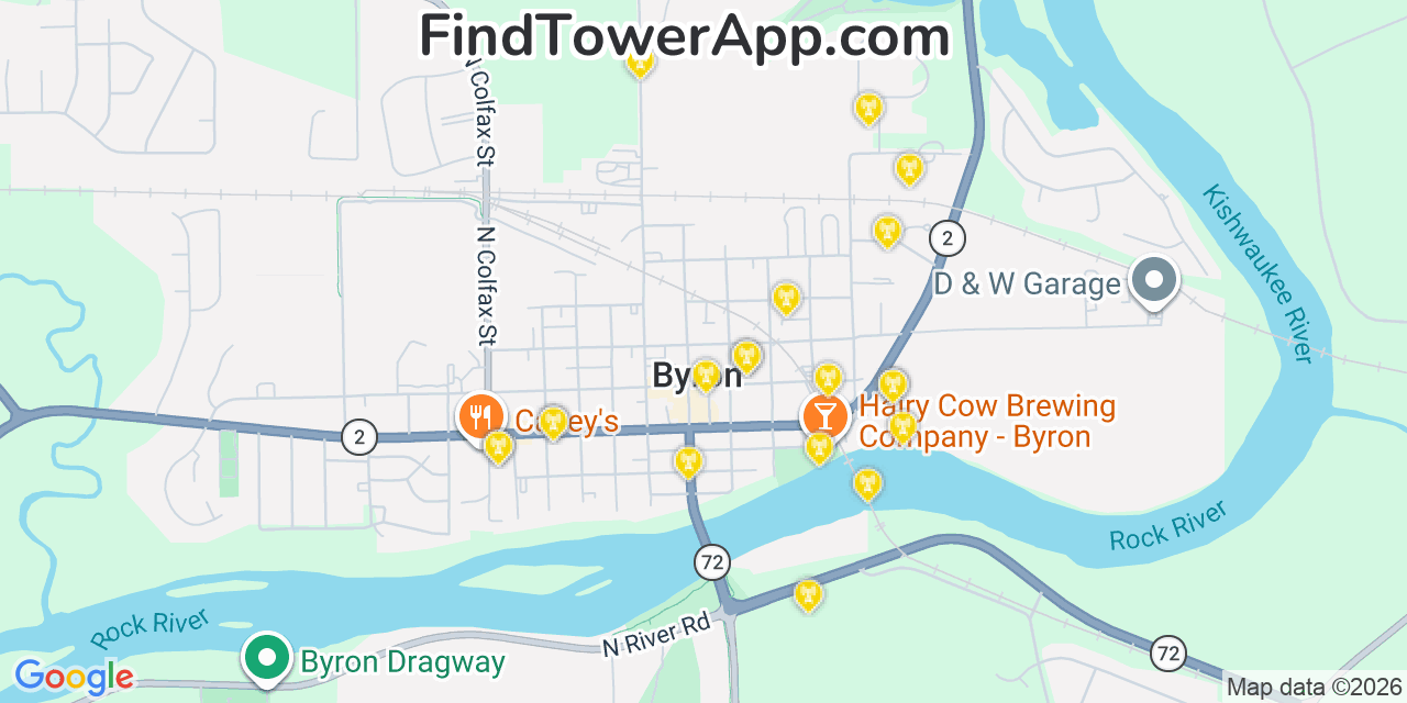 Map showing the 20 primary cell tower locations detected in Byron, Illinois from AT&T, Verizon, and T-Mobile networks