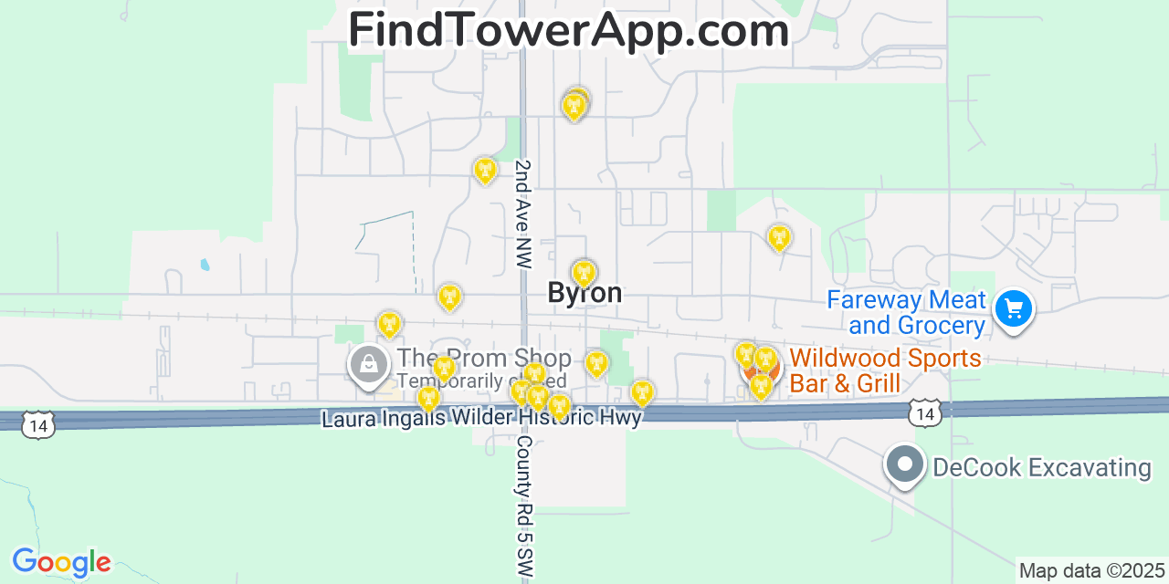 Map showing the 20 primary cell tower locations detected in Byron, Minnesota from AT&T, Verizon, and T-Mobile networks