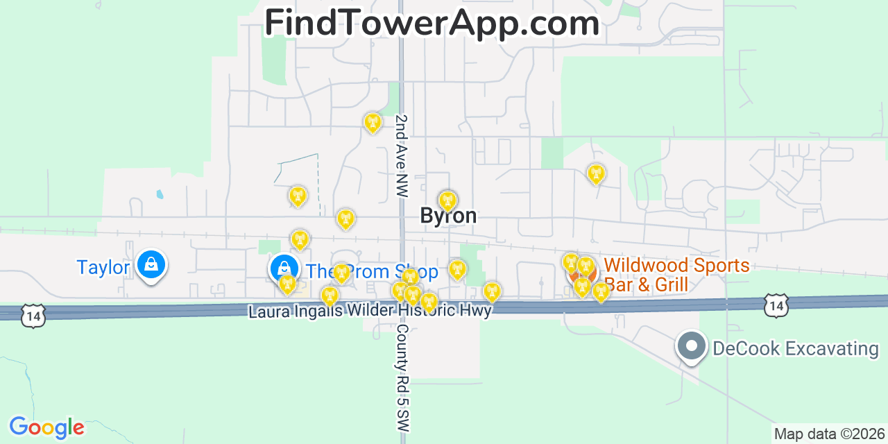 Map showing the 20 primary cell tower locations detected in Byron, Minnesota from AT&T, Verizon, and T-Mobile networks