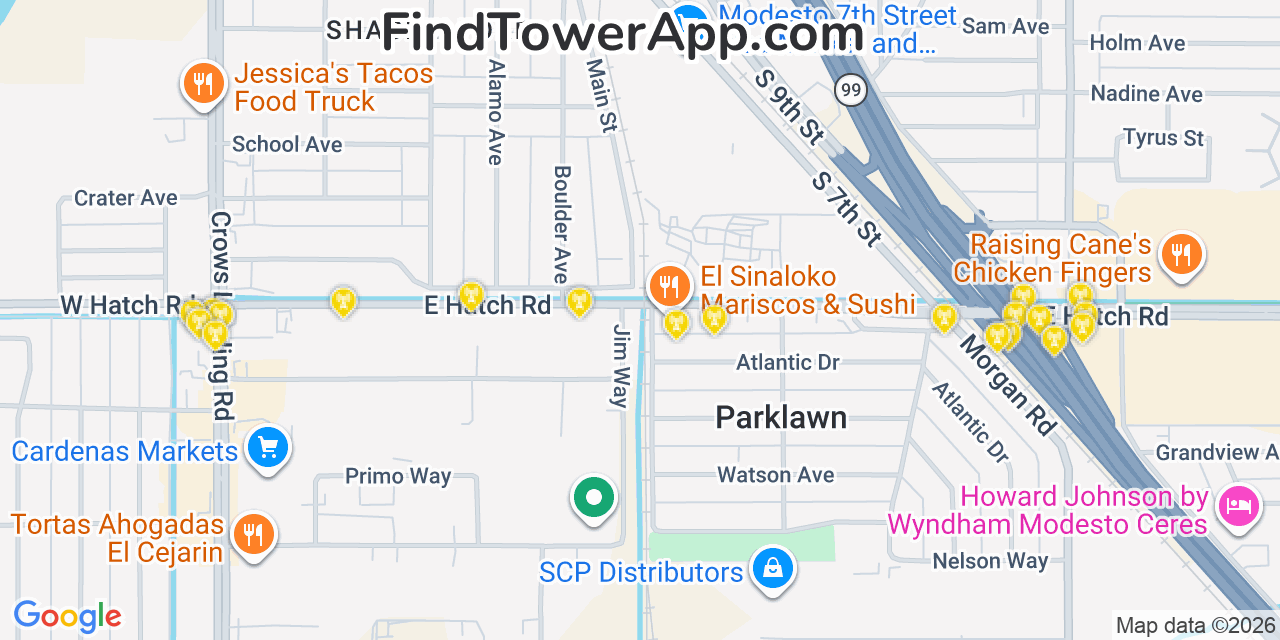 Map showing the 20 primary cell tower locations detected in Bystrom, California from AT&T, Verizon, and T-Mobile networks