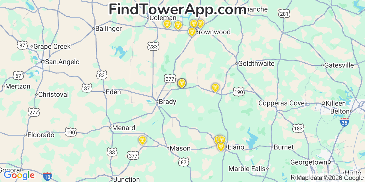 Map showing the 30 primary Verizon cell tower locations detected in C%Ef%Be%83%Ef%Bd%A9Sar Ch%Ef%Be%83%Ef%Bd%A1Vez, Texas with coverage radius and signal strength indicators