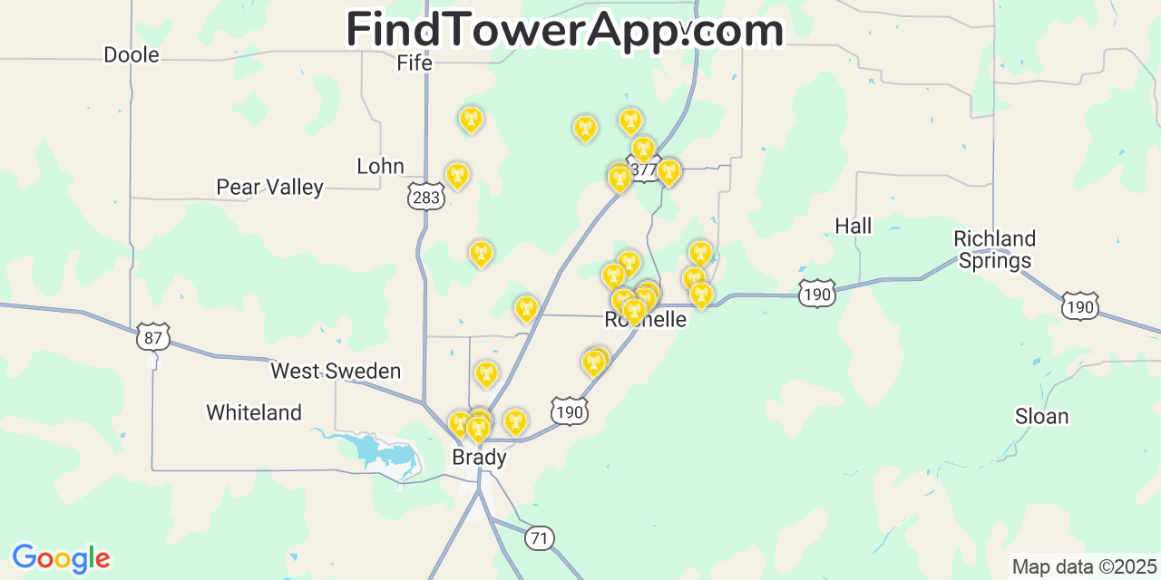 Map showing the 30 primary AT&T cell tower locations detected in C�Sar Ch�Vez, Texas with coverage radius and signal strength indicators