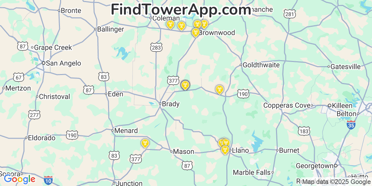 Map showing the 30 primary Verizon cell tower locations detected in C�Sar Ch�Vez, Texas with coverage radius and signal strength indicators