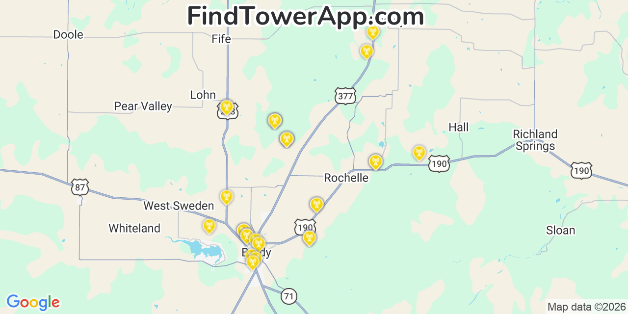 Map showing the 28 primary T-Mobile cell tower locations detected in C�Sar Ch�Vez, Texas with coverage radius and signal strength indicators