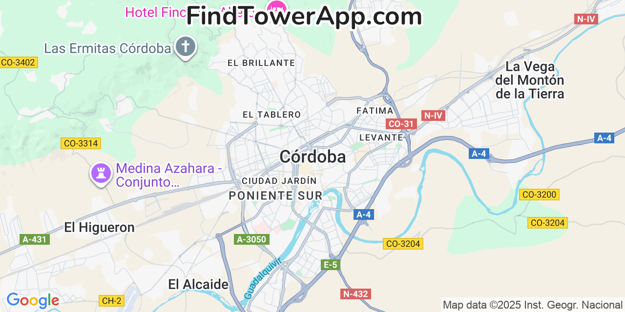 Map showing the 0 primary Vodafone cell tower locations detected in Córdoba, Spain with coverage radius and signal strength indicators