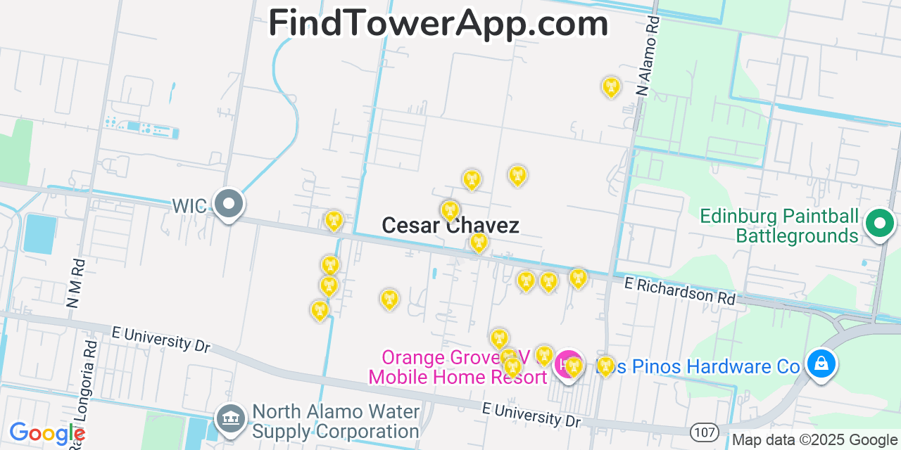 Map showing the 20 primary cell tower locations detected in César Chávez, Texas from AT&T, Verizon, and T-Mobile networks