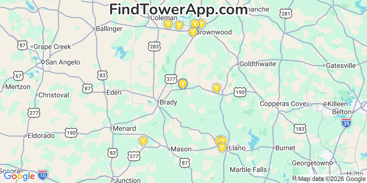 Map showing the 30 primary Verizon cell tower locations detected in Cã©Sar Chã¡Vez, Texas with coverage radius and signal strength indicators