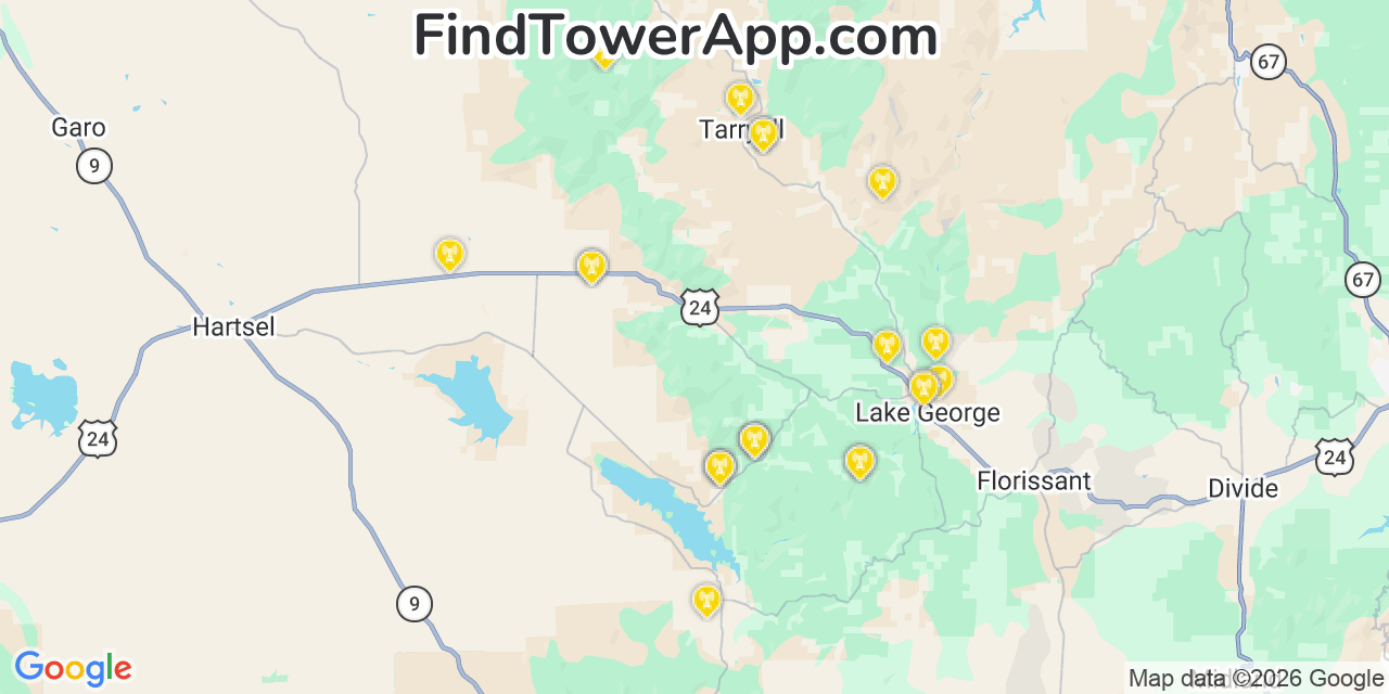 Map showing the 22 primary T-Mobile cell tower locations detected in Caã±On City, Colorado with coverage radius and signal strength indicators
