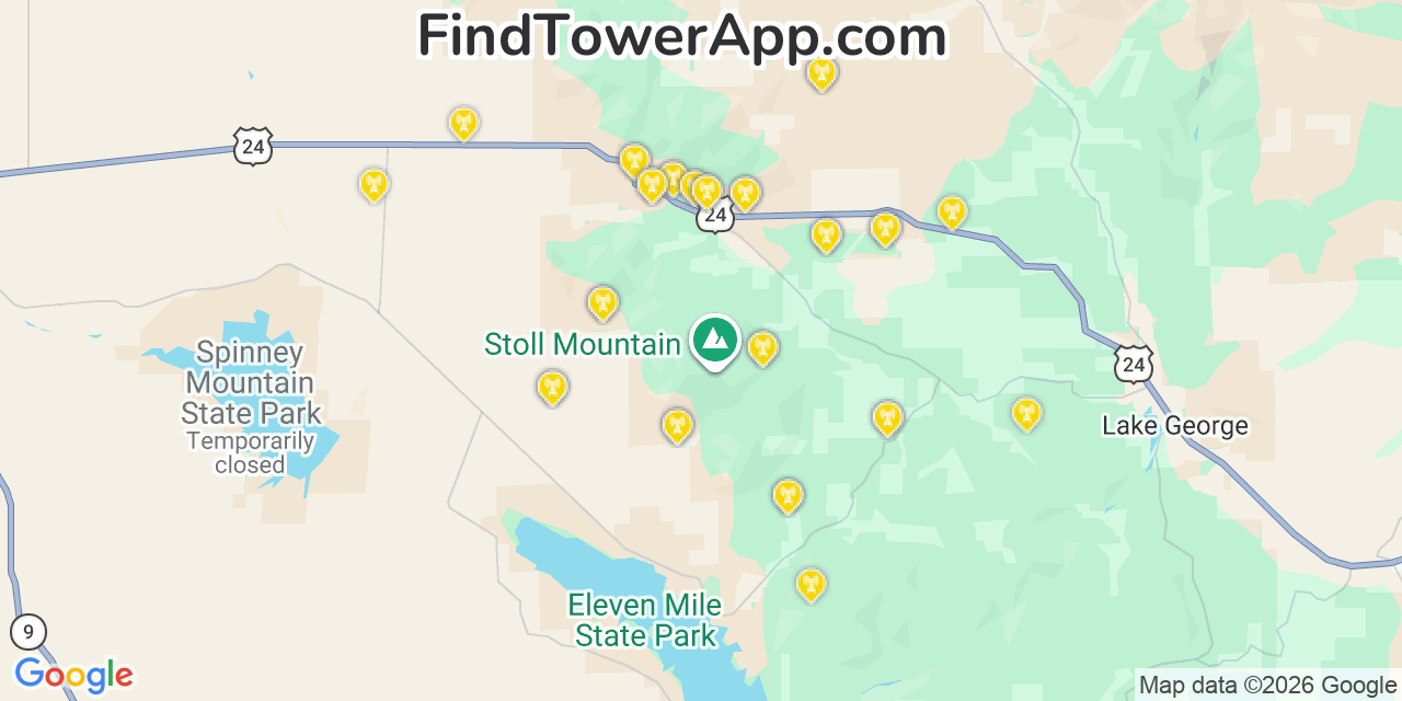 Map showing the 35 primary AT&T cell tower locations detected in Caã±On City, Colorado with coverage radius and signal strength indicators