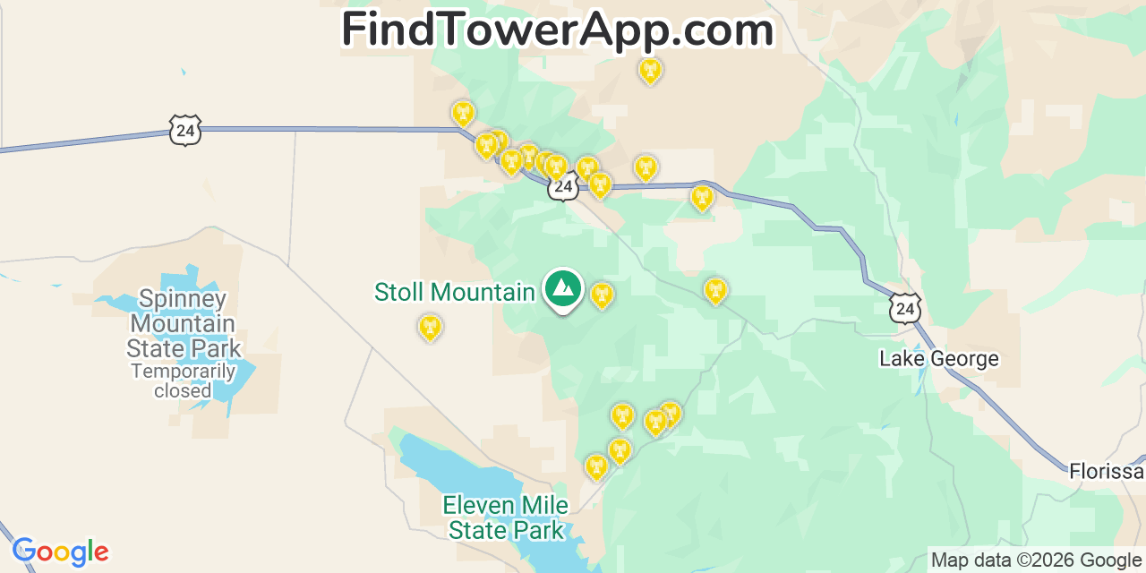 Map showing the 20 primary cell tower locations detected in Caã±On City, Colorado from AT&T, Verizon, and T-Mobile networks