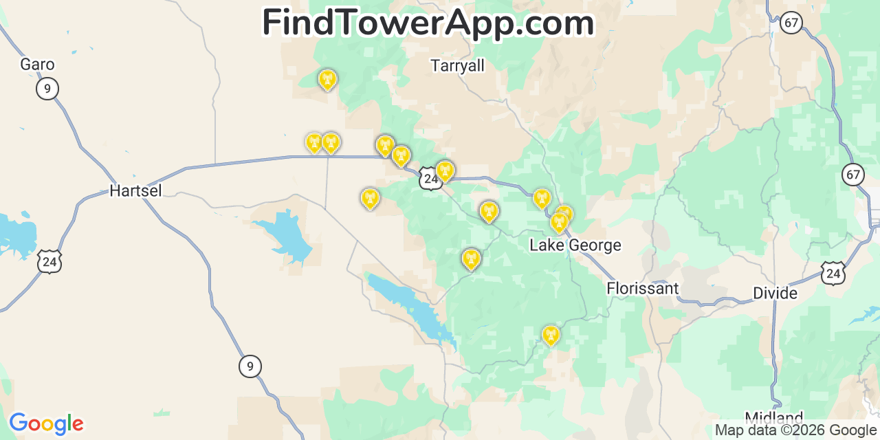 Map showing the 26 primary Verizon cell tower locations detected in Caã±On City, Colorado with coverage radius and signal strength indicators