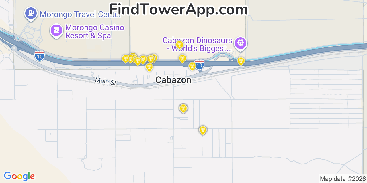 Map showing the 20 primary cell tower locations detected in Cabazon, California from AT&T, Verizon, and T-Mobile networks