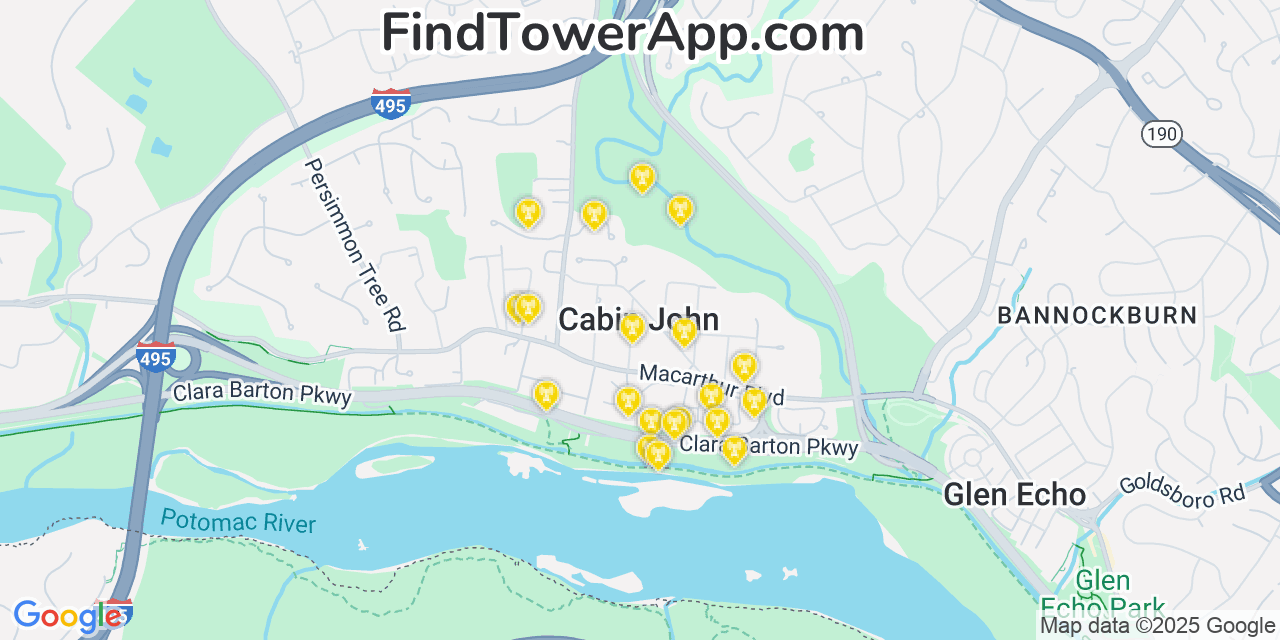 Map showing the 20 primary cell tower locations detected in Cabin John, Maryland from AT&T, Verizon, and T-Mobile networks