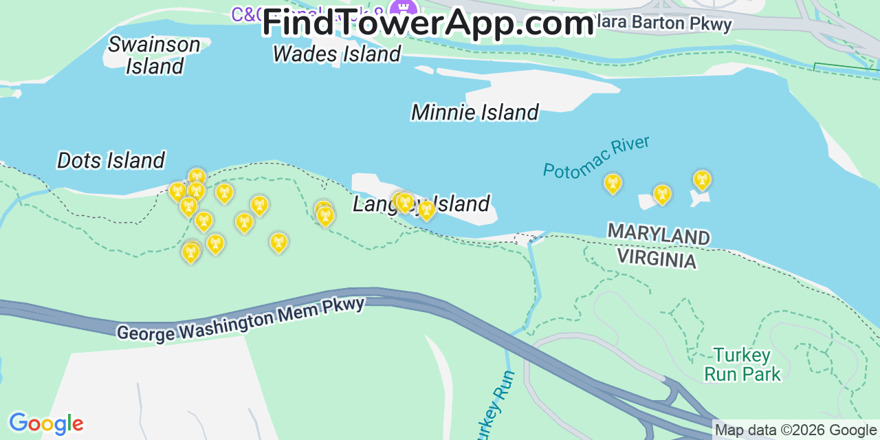 Map showing the 20 primary cell tower locations detected in Cabin John, Maryland from AT&T, Verizon, and T-Mobile networks