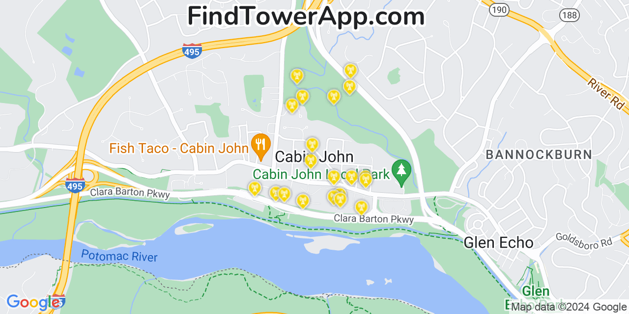 Verizon 4G/5G cell tower coverage map Cabin John, Maryland