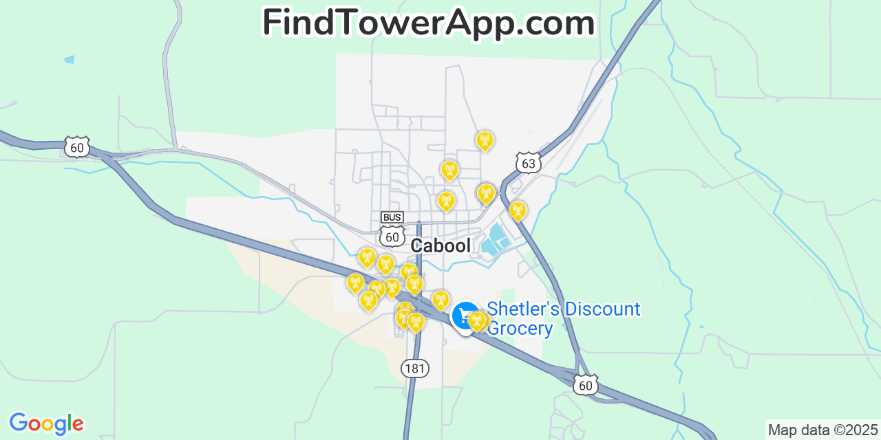 Map showing the 20 primary cell tower locations detected in Cabool, Missouri from AT&T, Verizon, and T-Mobile networks