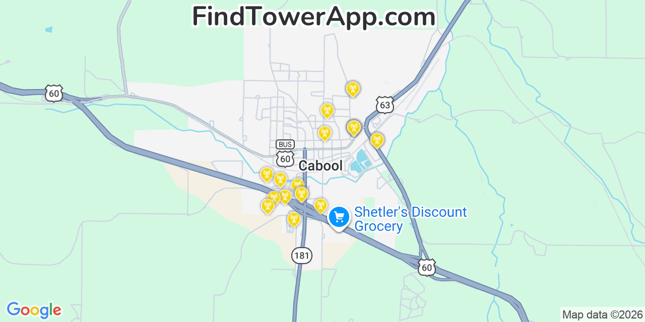 Map showing the 20 primary cell tower locations detected in Cabool, Missouri from AT&T, Verizon, and T-Mobile networks
