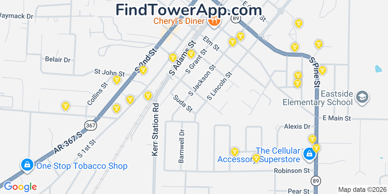 Map showing the 20 primary cell tower locations detected in Cabot, Arkansas from AT&T, Verizon, and T-Mobile networks