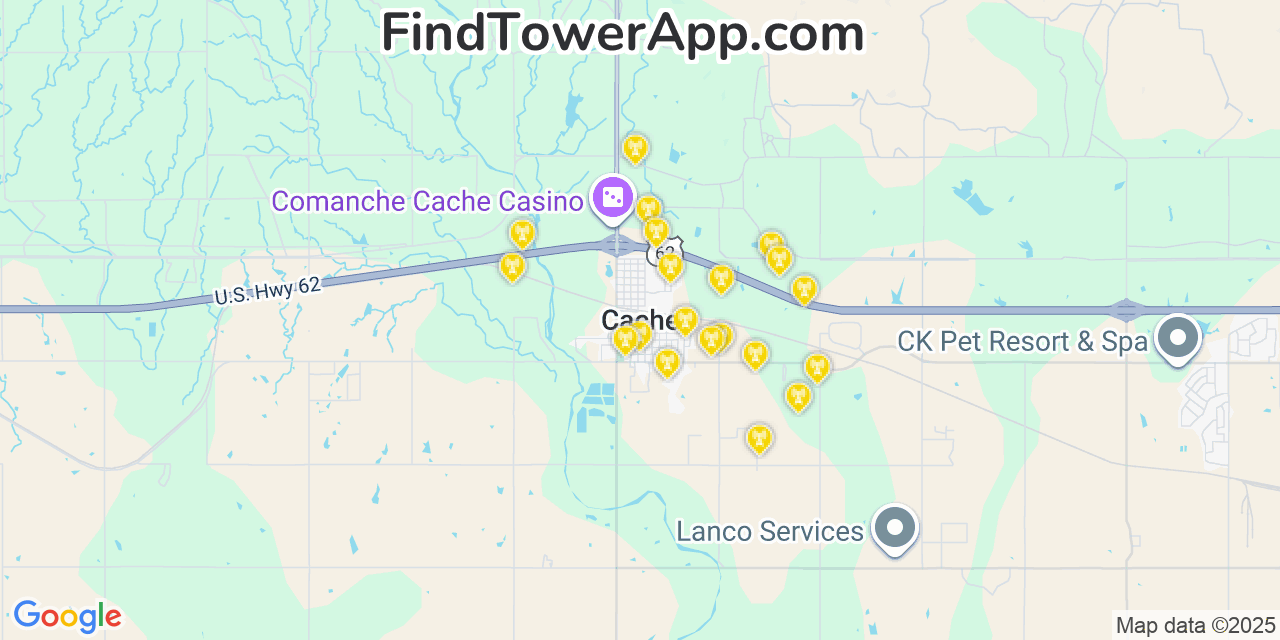 Map showing the 20 primary cell tower locations detected in Cache, Oklahoma from AT&T, Verizon, and T-Mobile networks