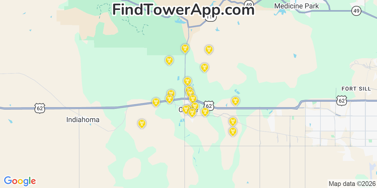 Map showing the 20 primary cell tower locations detected in Cache, Oklahoma from AT&T, Verizon, and T-Mobile networks