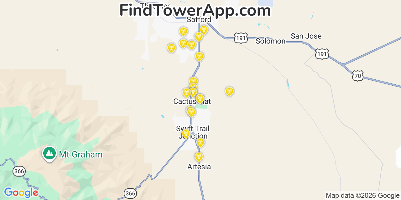 Map showing the 20 primary cell tower locations detected in Cactus Flat, Arizona from AT&T, Verizon, and T-Mobile networks