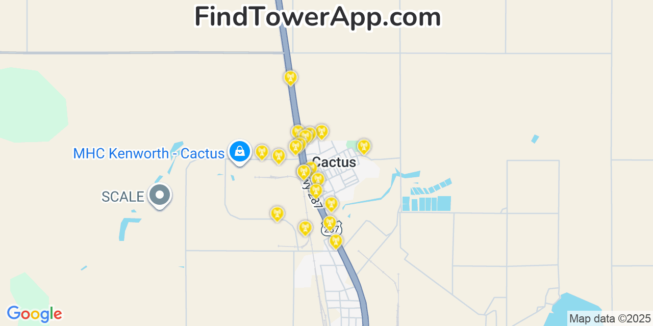 Map showing the 20 primary cell tower locations detected in Cactus, Texas from AT&T, Verizon, and T-Mobile networks