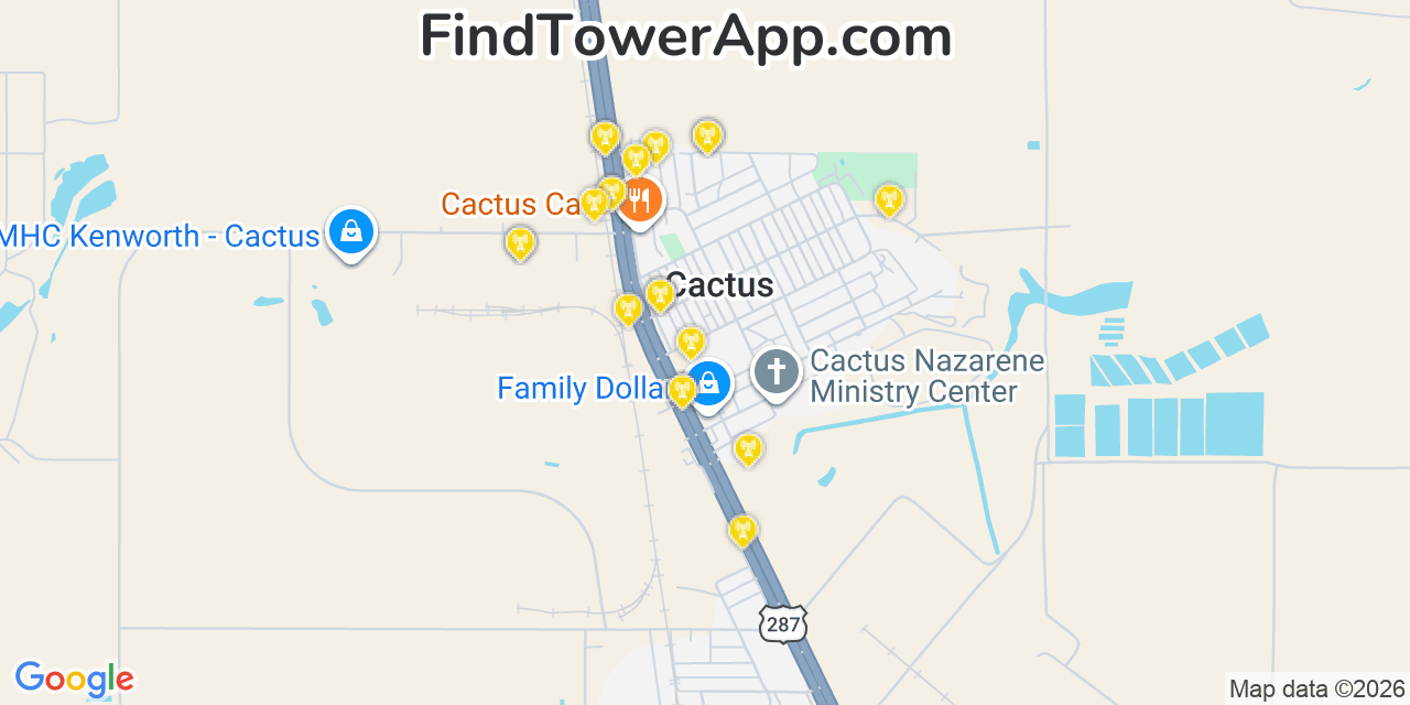 Map showing the 20 primary cell tower locations detected in Cactus, Texas from AT&T, Verizon, and T-Mobile networks