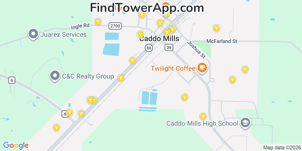 Map showing the 20 primary cell tower locations detected in Caddo Mills, Texas from AT&T, Verizon, and T-Mobile networks