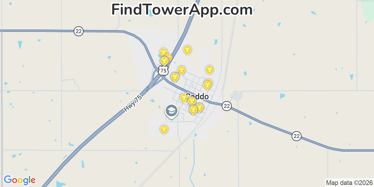 Map showing the 20 primary cell tower locations detected in Caddo, Oklahoma from AT&T, Verizon, and T-Mobile networks