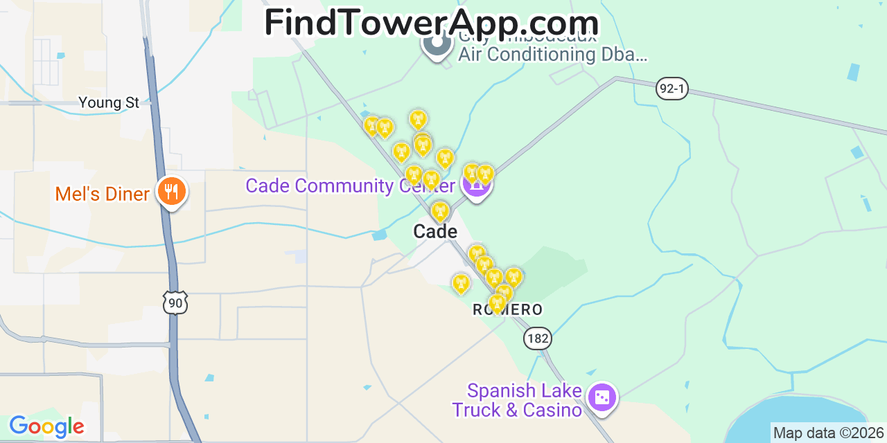 Map showing the 20 primary cell tower locations detected in Cade, Louisiana from AT&T, Verizon, and T-Mobile networks