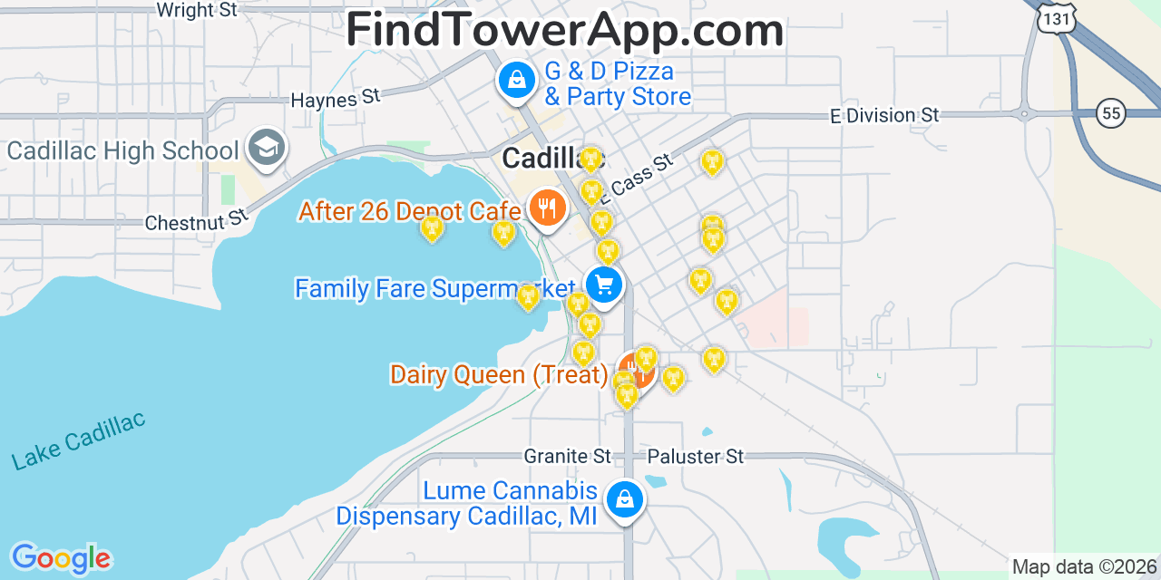 Map showing the 20 primary cell tower locations detected in Cadillac, Michigan from AT&T, Verizon, and T-Mobile networks