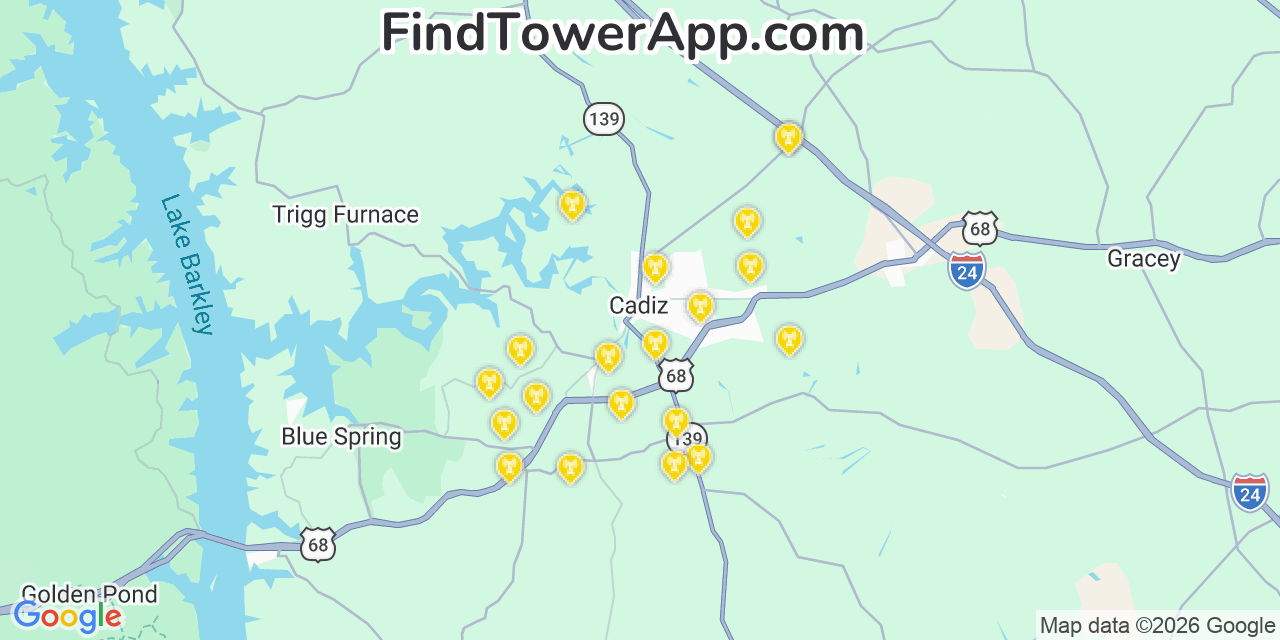 Map showing the 20 primary cell tower locations detected in Cadiz, Kentucky from AT&T, Verizon, and T-Mobile networks