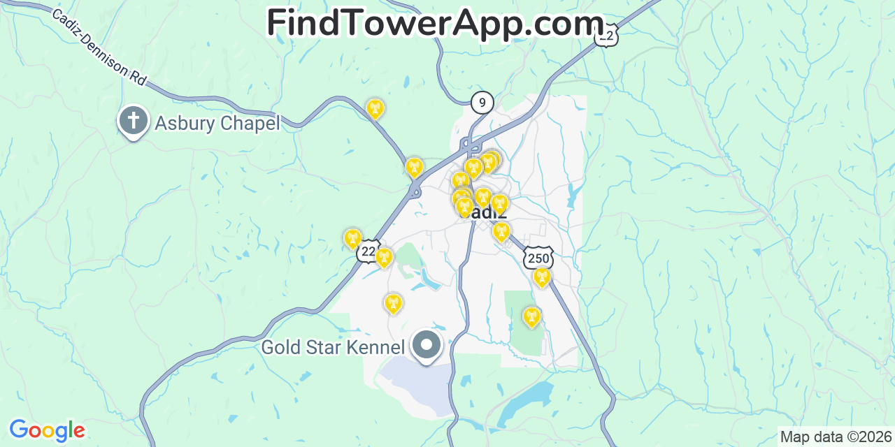 Map showing the 20 primary cell tower locations detected in Cadiz, Ohio from AT&T, Verizon, and T-Mobile networks