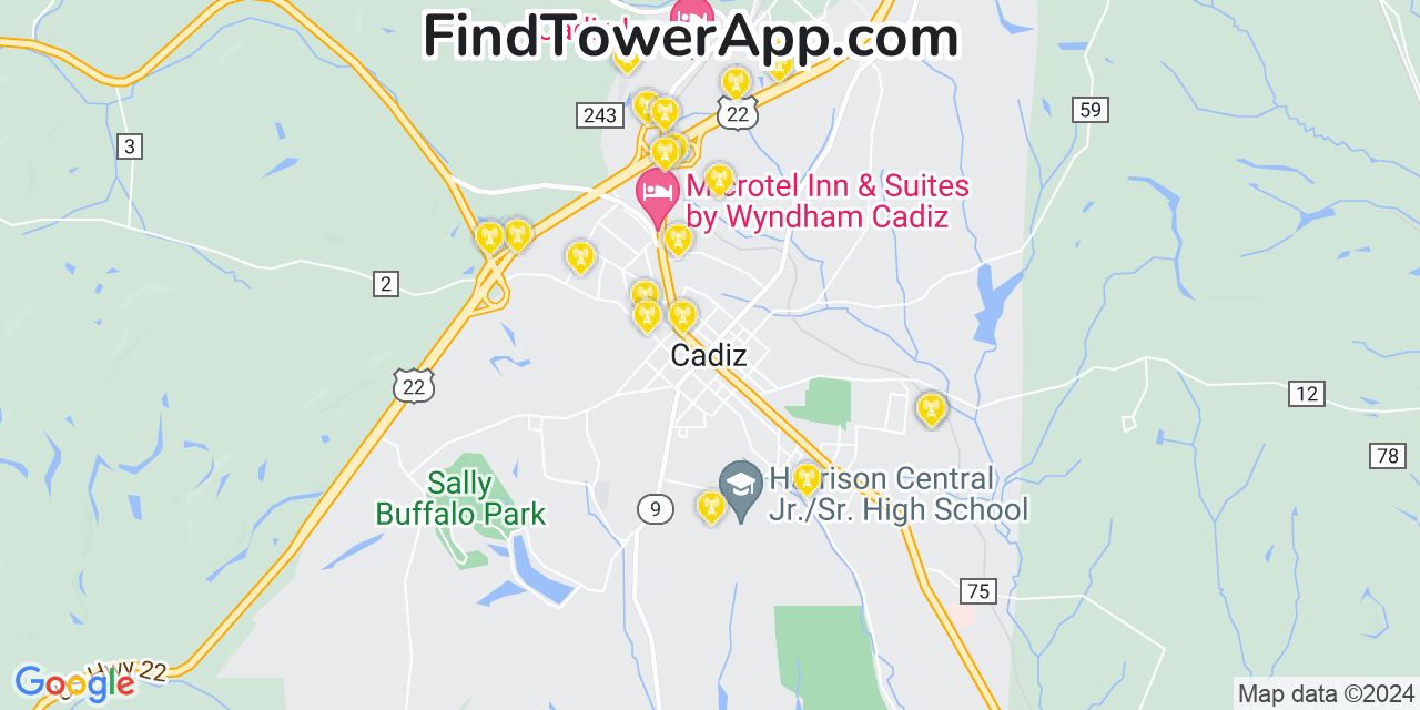 Verizon 4G/5G cell tower coverage map Cadiz, Ohio