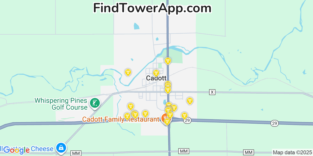 Map showing the 20 primary cell tower locations detected in Cadott, Wisconsin from AT&T, Verizon, and T-Mobile networks
