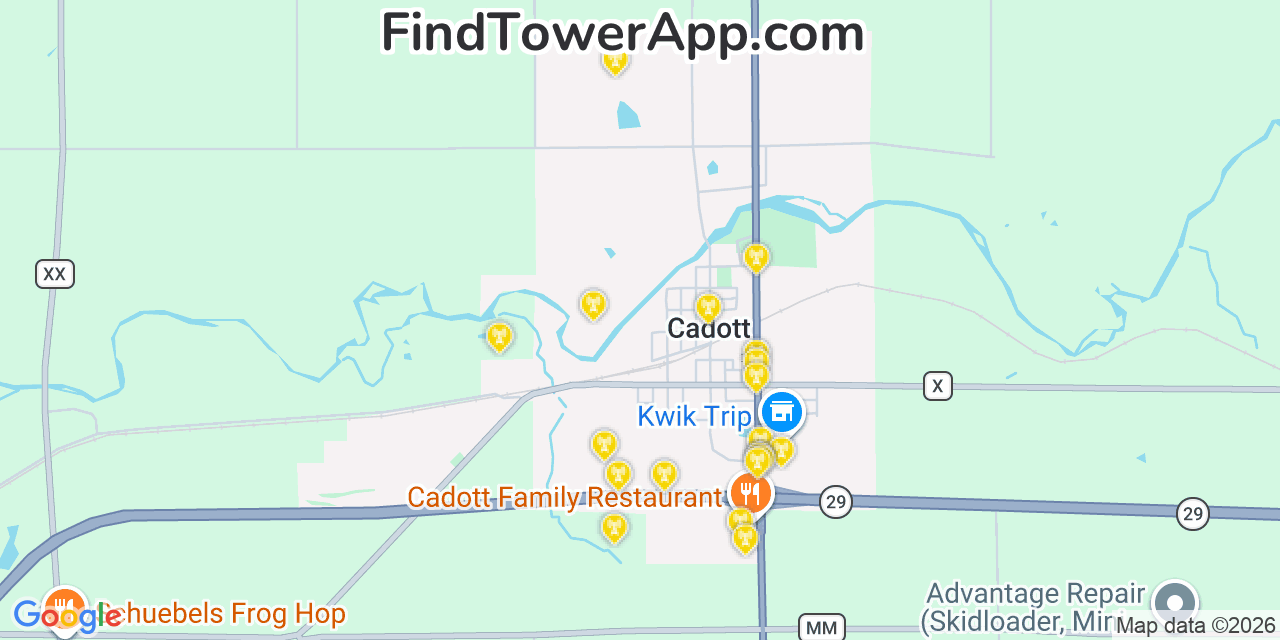 Map showing the 20 primary cell tower locations detected in Cadott, Wisconsin from AT&T, Verizon, and T-Mobile networks