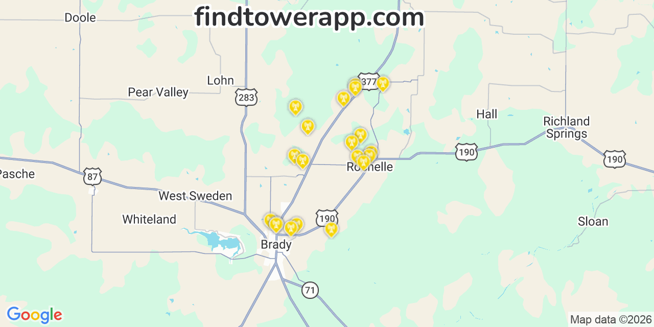 Map showing the 20 primary cell tower locations detected in Cãƒâ©Sar Chãƒâ¡Vez, Texas from AT&T, Verizon, and T-Mobile networks