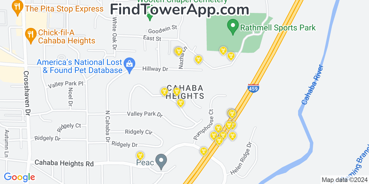 AT&T 4G/5G cell tower coverage map Cahaba Heights, Alabama