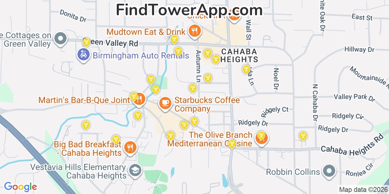 Map showing the 20 primary cell tower locations detected in Cahaba Heights, Alabama from AT&T, Verizon, and T-Mobile networks