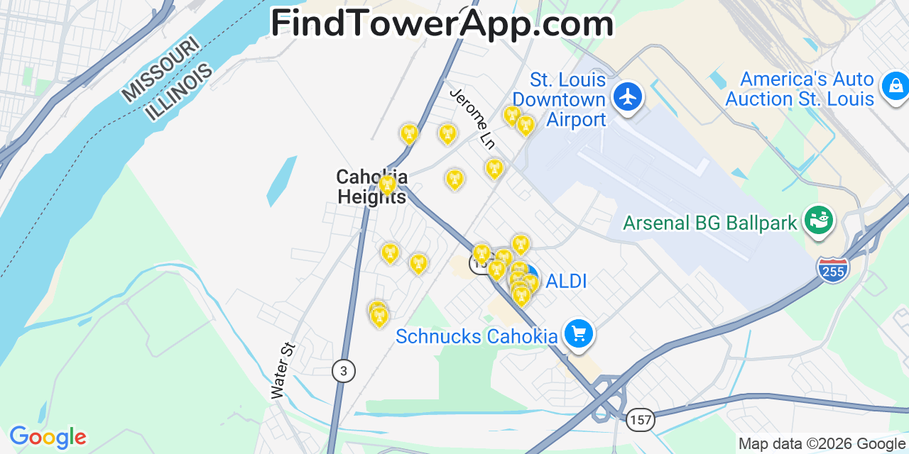 Map showing the 20 primary cell tower locations detected in Cahokia, Illinois from AT&T, Verizon, and T-Mobile networks