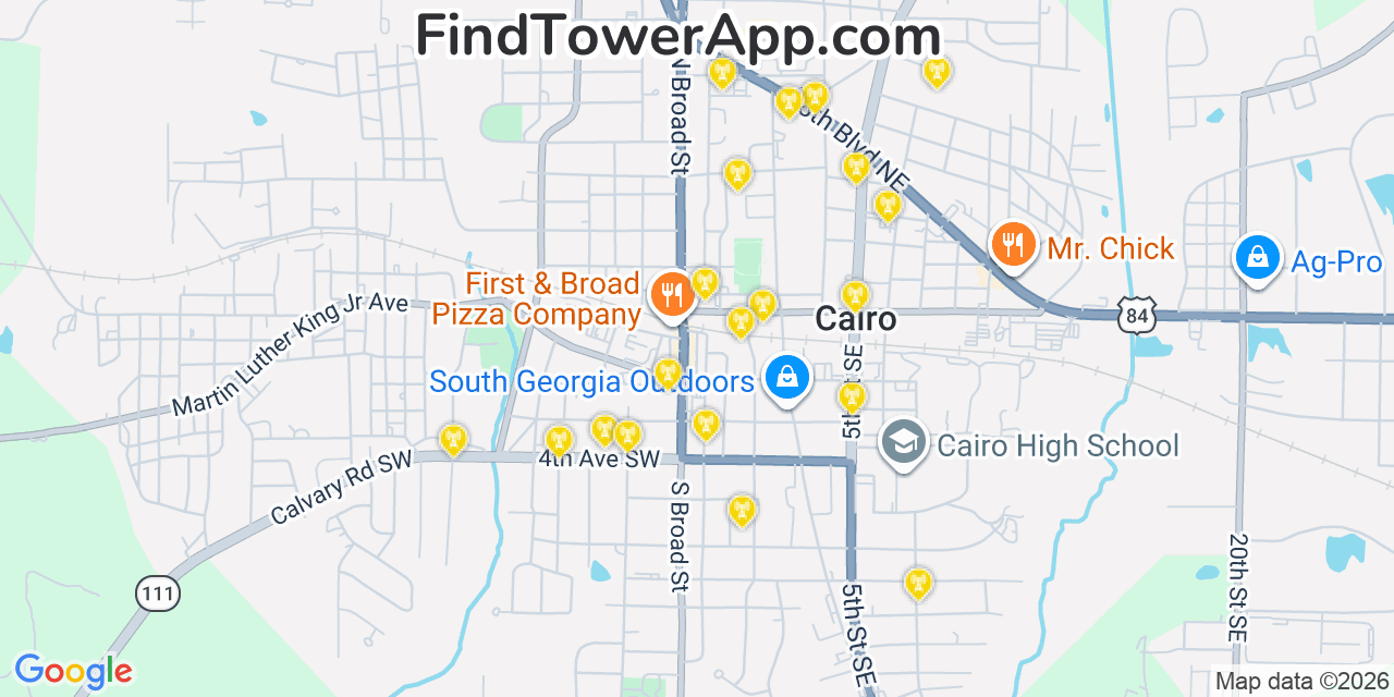 Map showing the 20 primary cell tower locations detected in Cairo, Georgia from AT&T, Verizon, and T-Mobile networks