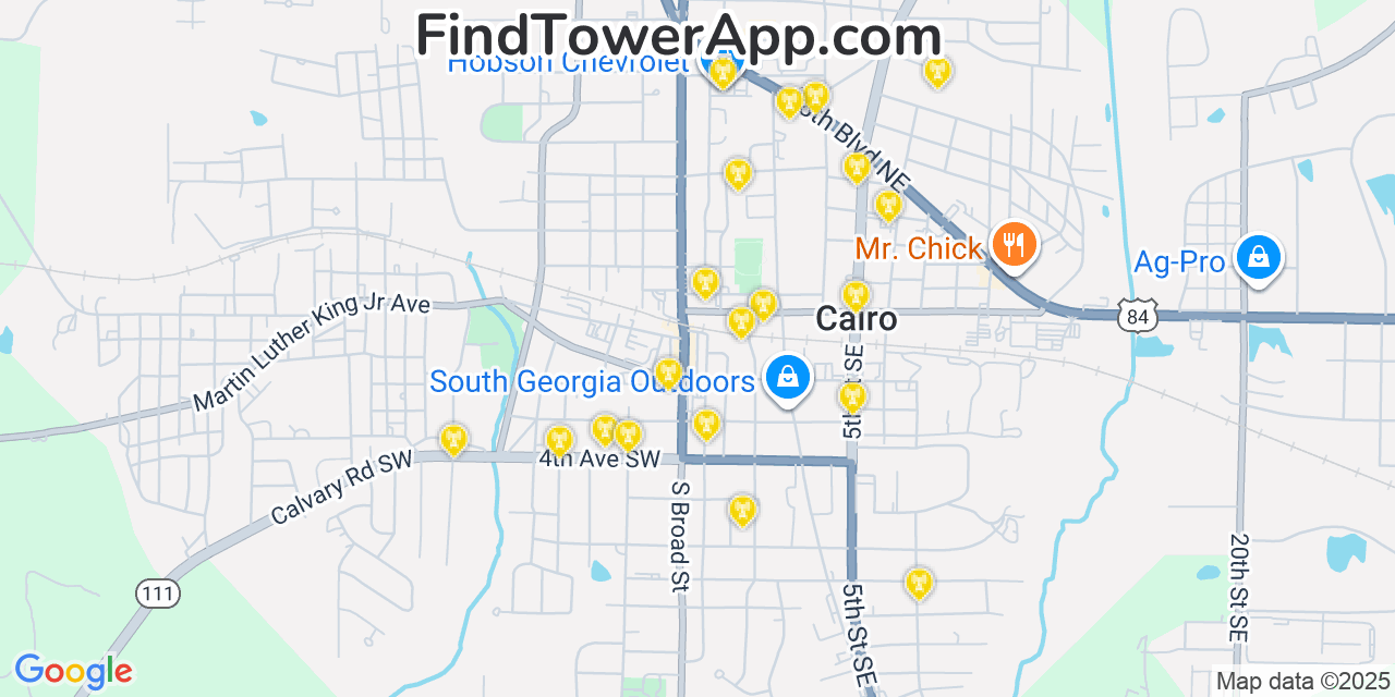 Map showing the 20 primary Mobitel cell tower locations detected in Cairo, Georgia with coverage radius and signal strength indicators