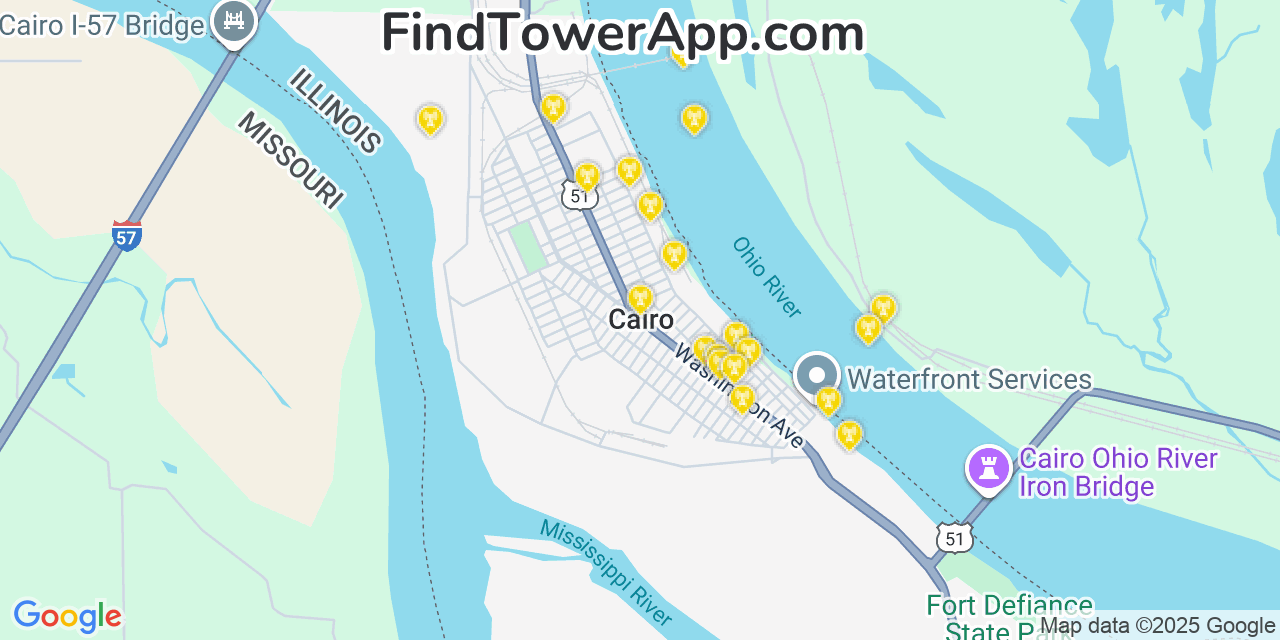 Map showing the 20 primary cell tower locations detected in Cairo, Illinois from AT&T, Verizon, and T-Mobile networks