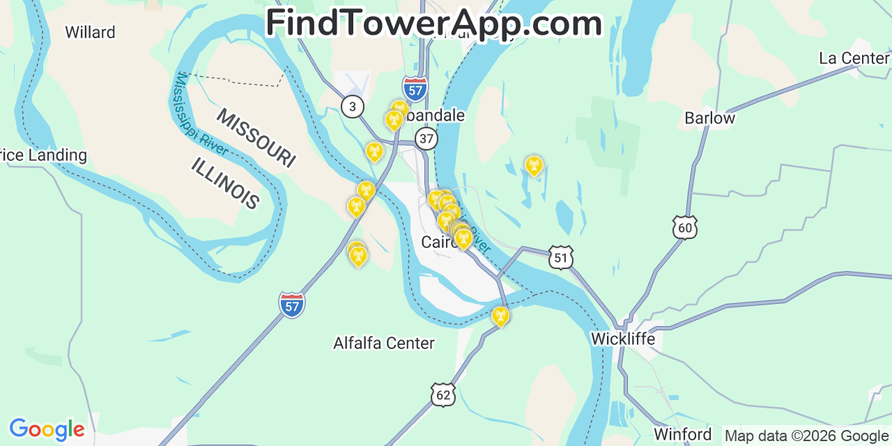 Map showing the 20 primary cell tower locations detected in Cairo, Illinois from AT&T, Verizon, and T-Mobile networks