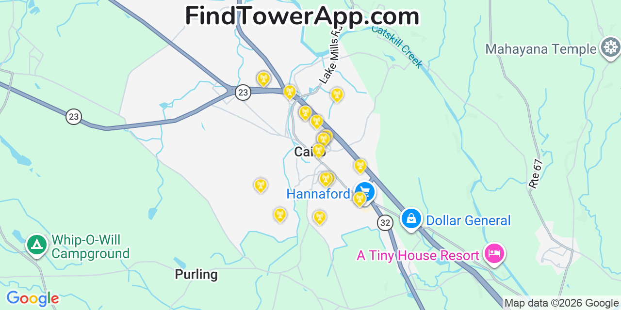 Map showing the 20 primary cell tower locations detected in Cairo, New York from AT&T, Verizon, and T-Mobile networks